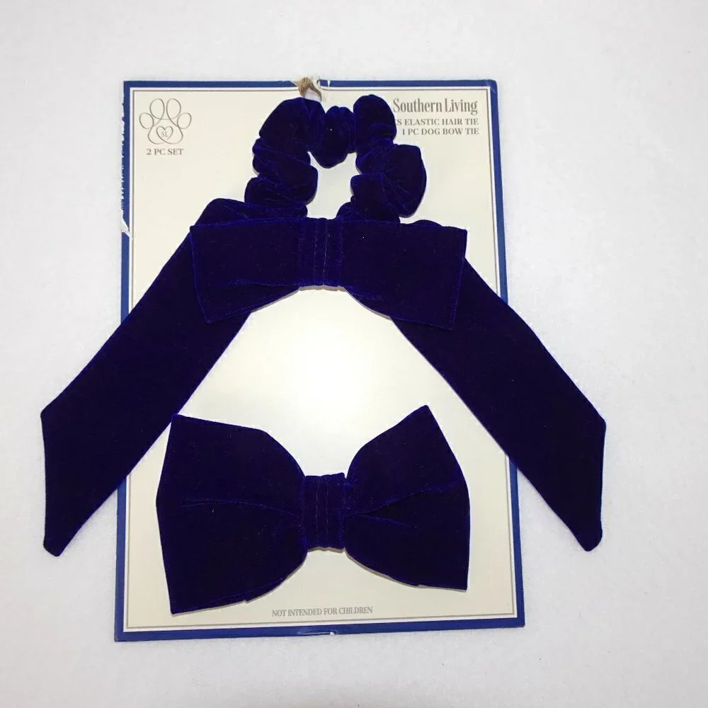 Velvet Dog Bow Tie AND Ladies Hair Tie Blue 2 Piece Set Pets Southern Living